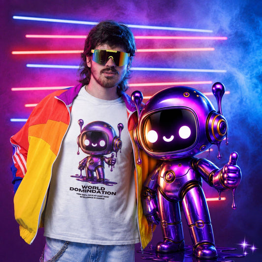 80s inspired scene with a male model showcasing a shirt with a print of a robot showing thumbs up standing next to a robot. 