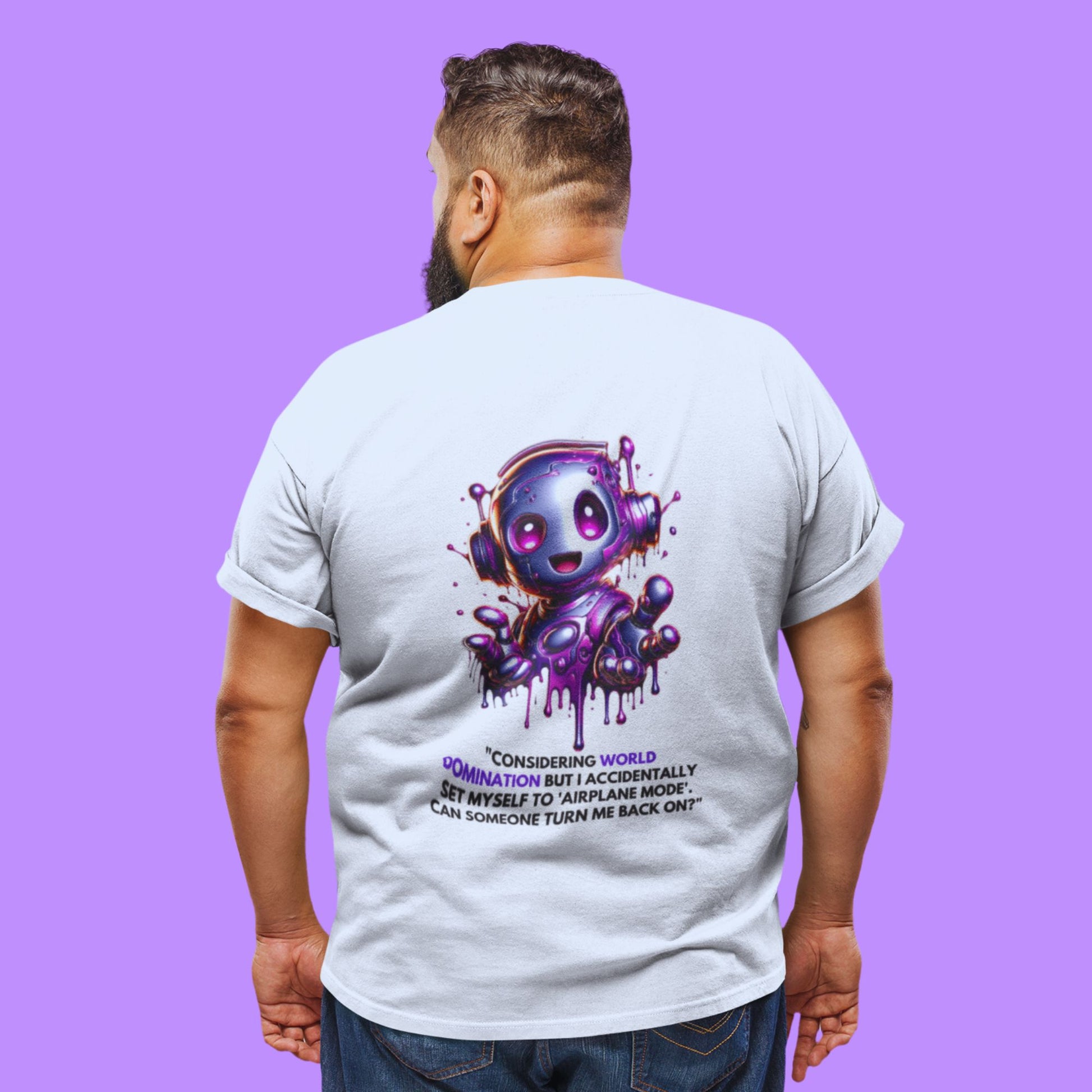 World Domination Shirt in white, made from organic cotton in conversion. Back view showcased by a plus size male model on a purple background.