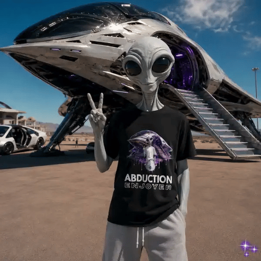Alien wearing an 'Abduction Enjoyer' t-shirt in front of a large spacecraft.