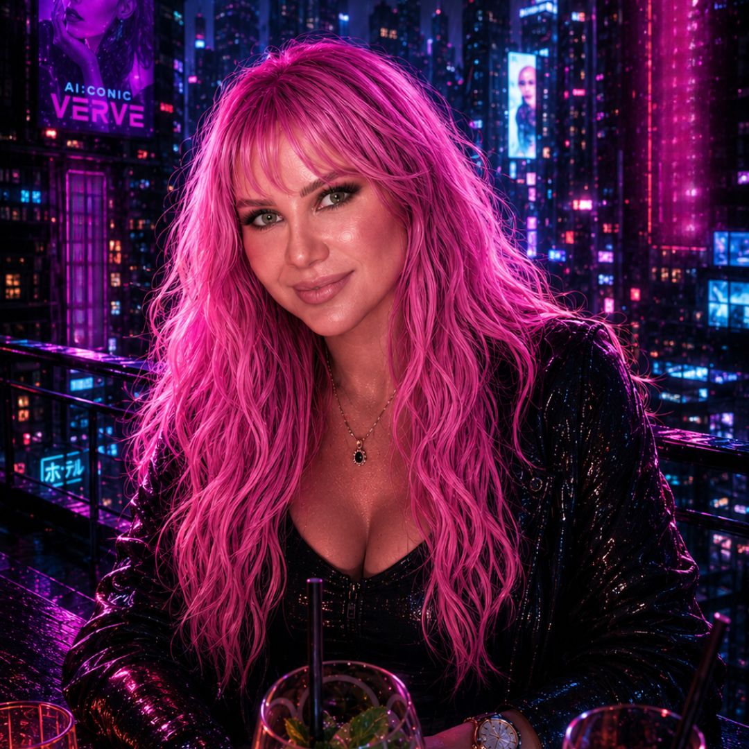 Person with pink hair against a futuristic background