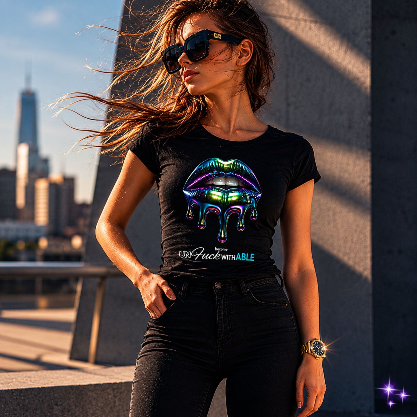 Woman wearing a black t-shirt with a colorful graphic design outdoors.
