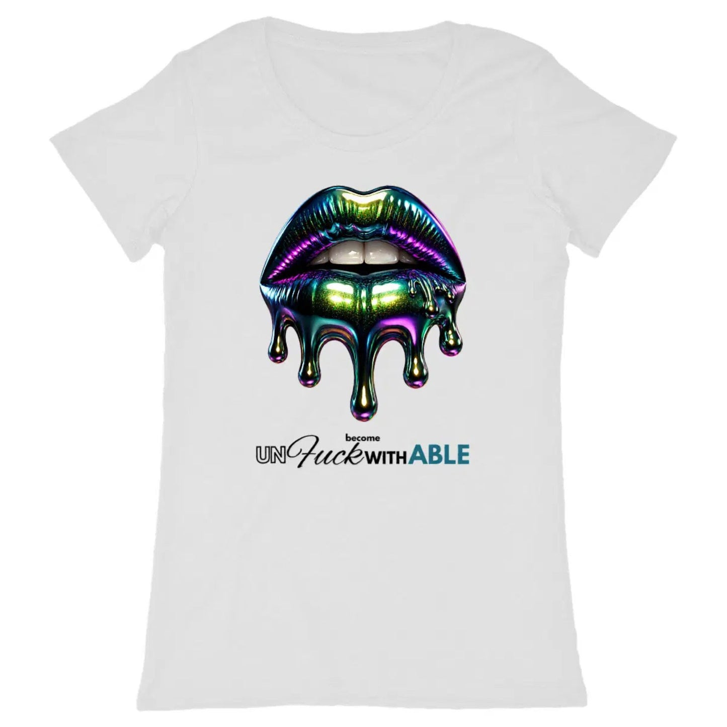 White t-shirt with colorful lips graphic and text on a white background