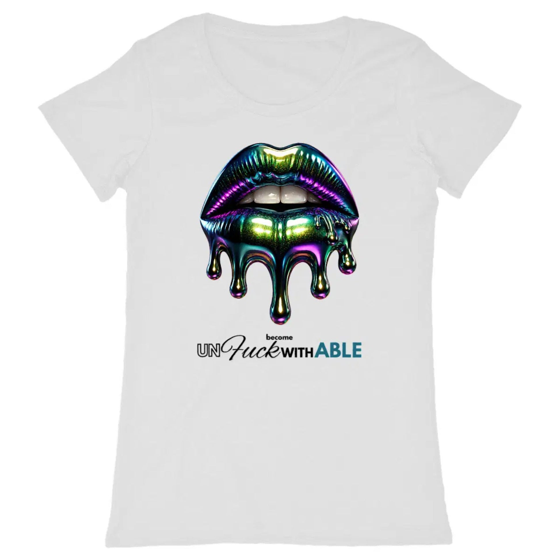 White t-shirt with colorful lips graphic and text on a white background