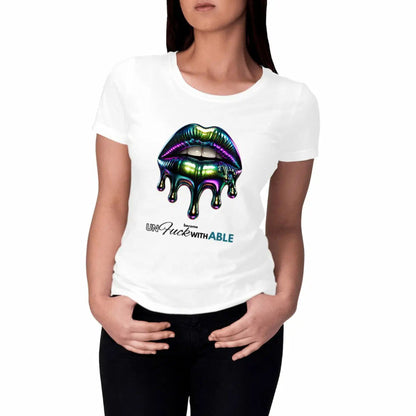 White t-shirt with colorful lips graphic and text worn by a person on a white background