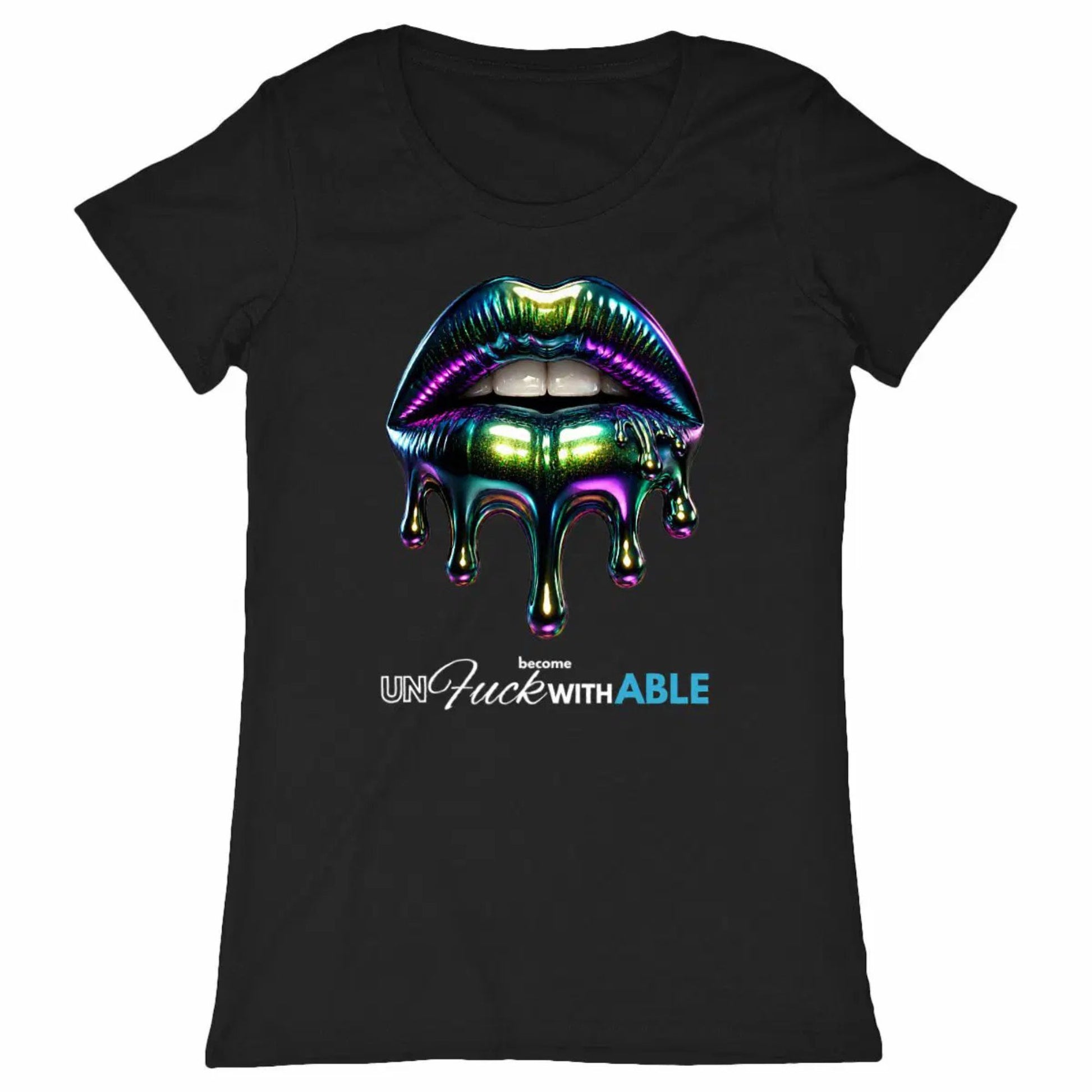 Black t-shirt with colorful lips graphic and text on a white background