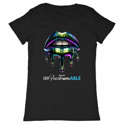 Black t-shirt with colorful lips graphic and text on a white background