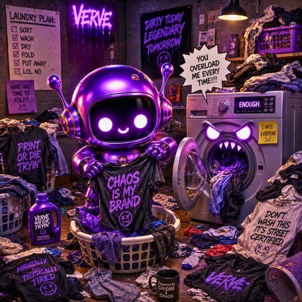 Purple robot in a laundry room with various shirts and a washing machine.