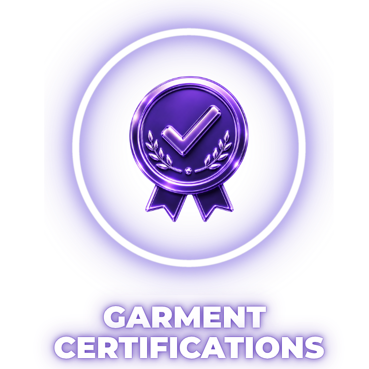 Purple certification badge with a check mark on a white background, labeled 'Garment Certifications'.