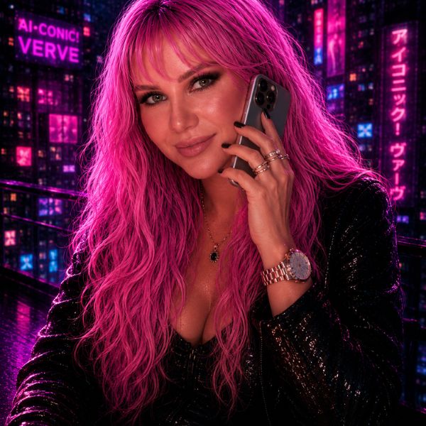 Woman with pink hair talking on a phone in a neon-lit cityscape