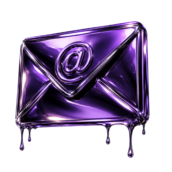 Shiny purple email icon with an @ symbol on a white background
