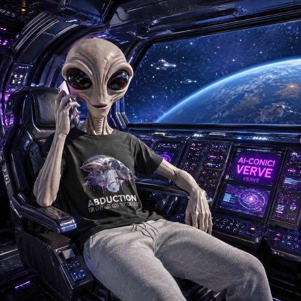 Alien figure sitting inside a spacecraft with Earth view, wearing a t-shirt with abduction graphic.