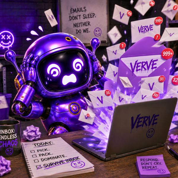Purple robot with a laptop and 'Verve' branding in a room with emails.
