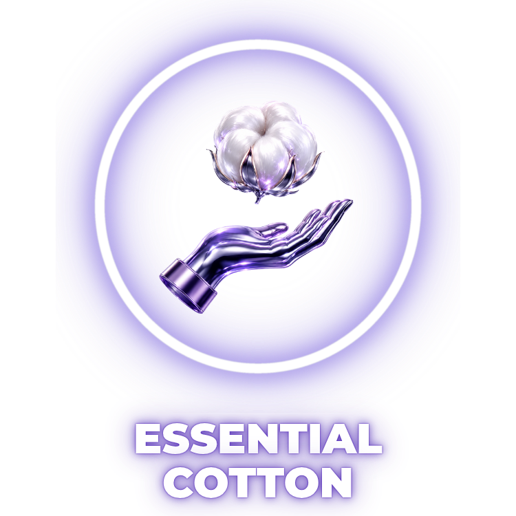 Icon of a hand holding cotton with 'Essential Cotton' text on a light purple background