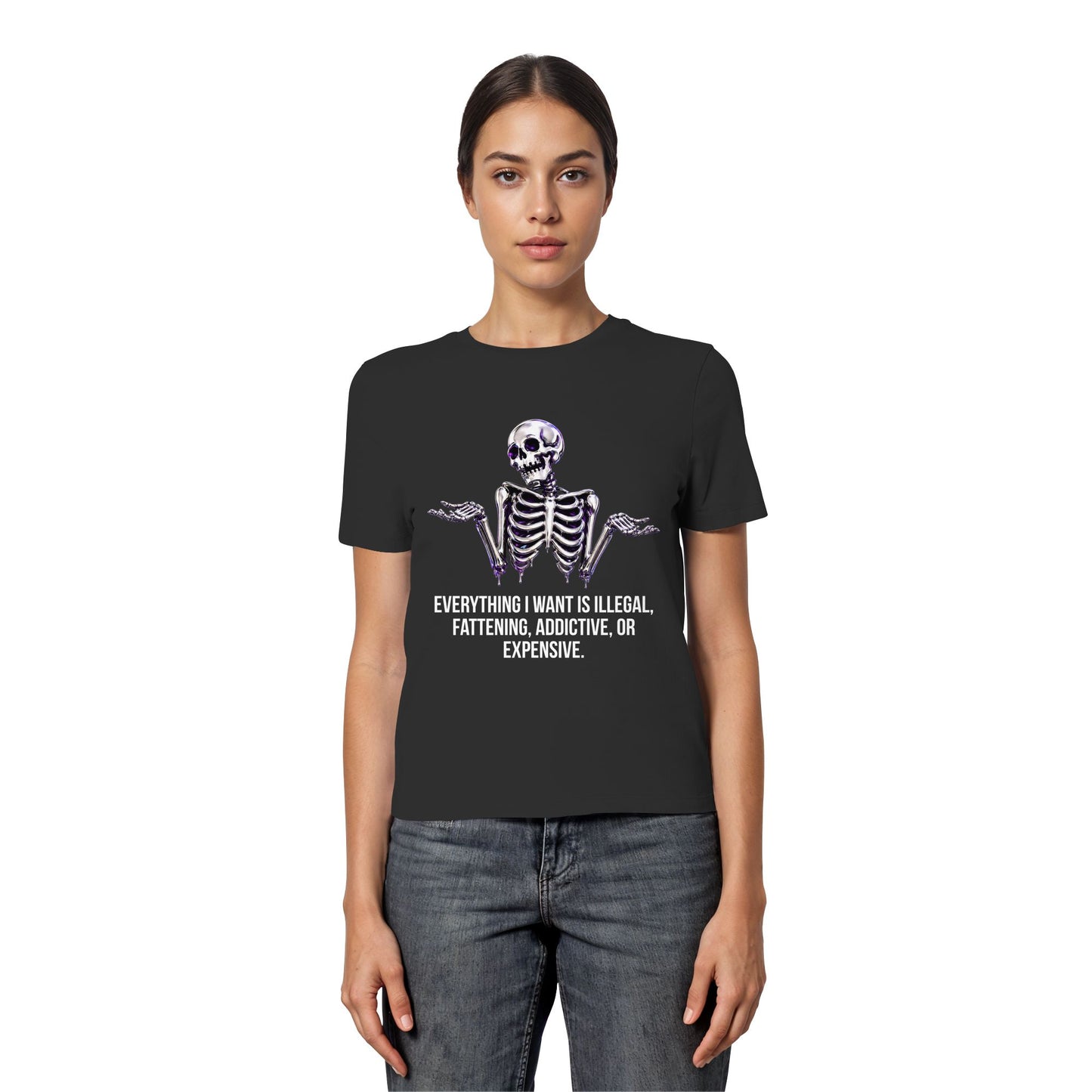 Person wearing a black t-shirt with a skeleton design and text on a white background