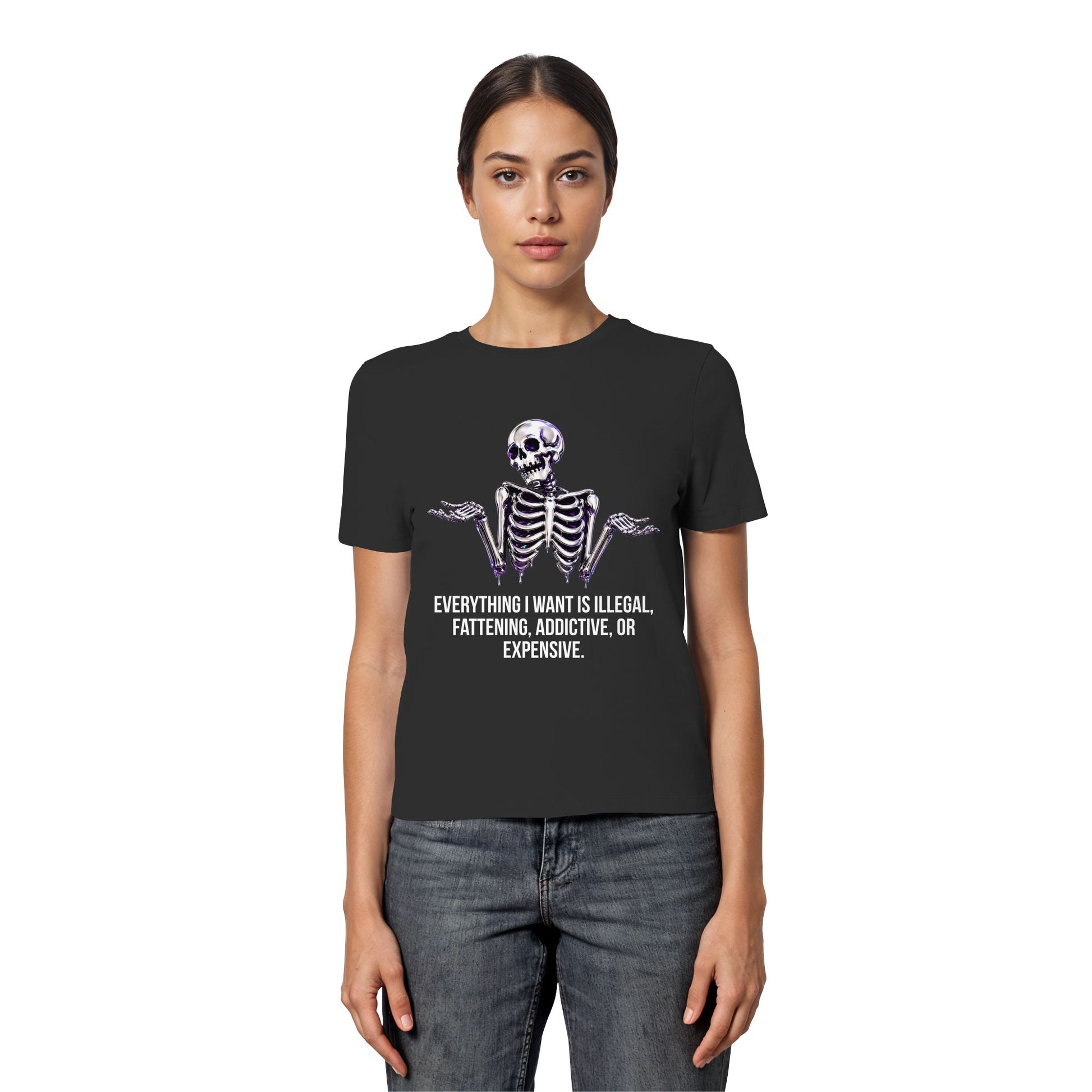 Person wearing a black t-shirt with a skeleton design and text on a white background