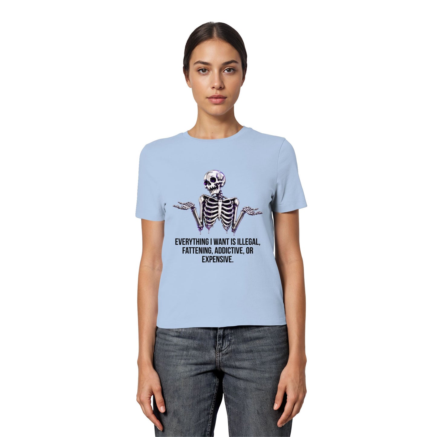 Person wearing a light blue t-shirt with a skeleton design and text.