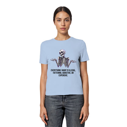 Person wearing a light blue t-shirt with a skeleton design and text.