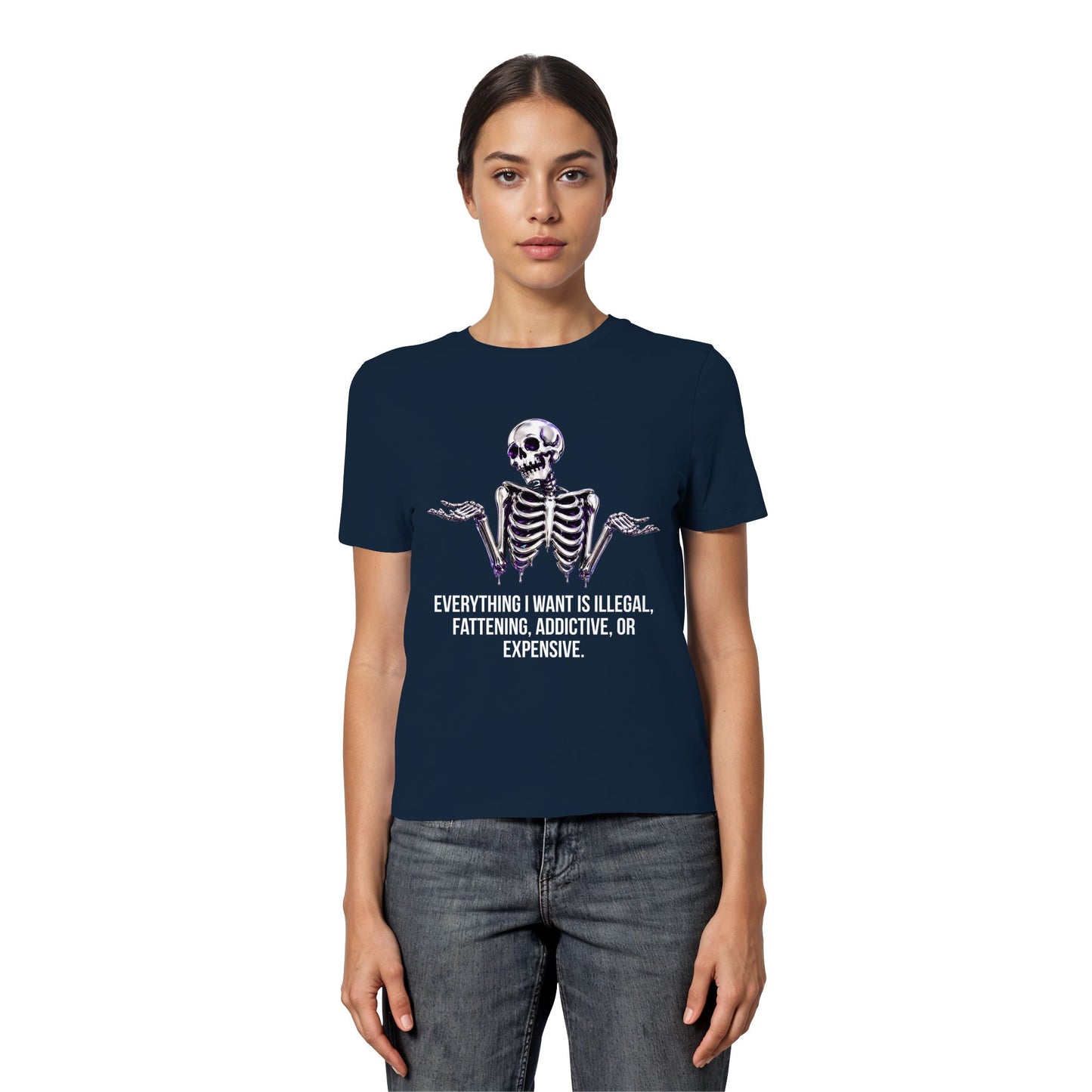 Person wearing a navy blue t-shirt with a skeleton design and text on a white background