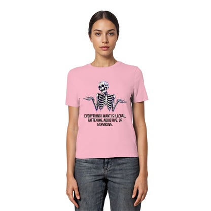 Person wearing a pink t-shirt with a skeleton design and text on a white background