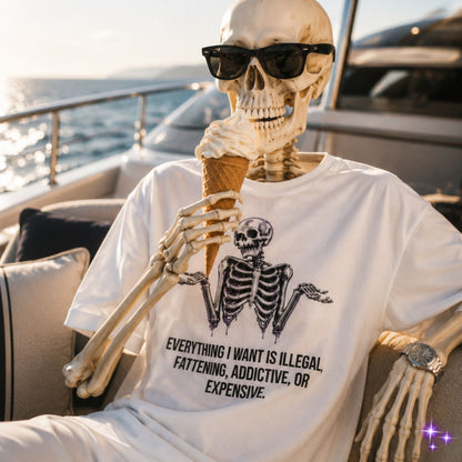 Skeleton wearing sunglasses and a t-shirt with a skeleton graphic and text, sitting on a boat.