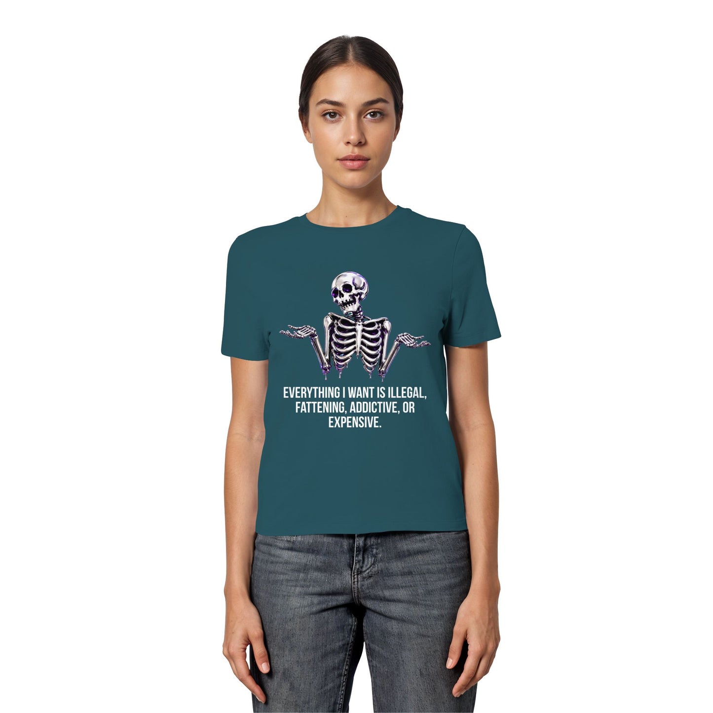 Person wearing a teal t-shirt with a skeleton design and text on a white background