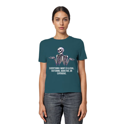 Person wearing a teal t-shirt with a skeleton design and text on a white background