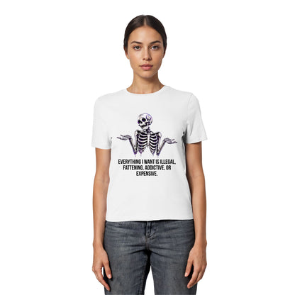 Person wearing a white t-shirt with a skeleton design and text on a white background