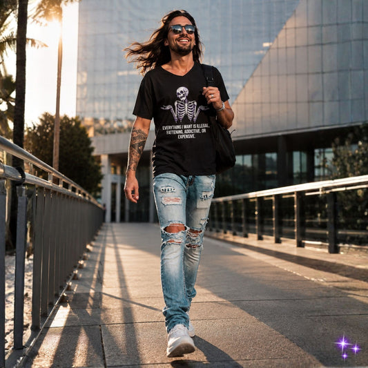 Man walking outdoors in an urban setting with modern buildings in the background