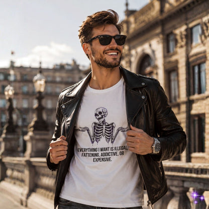 Man wearing a white t-shirt with a skeleton design and text, standing in an urban setting.