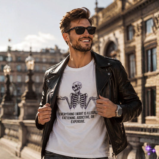 Man wearing a white t-shirt with a skeleton design and text, standing in an urban setting.