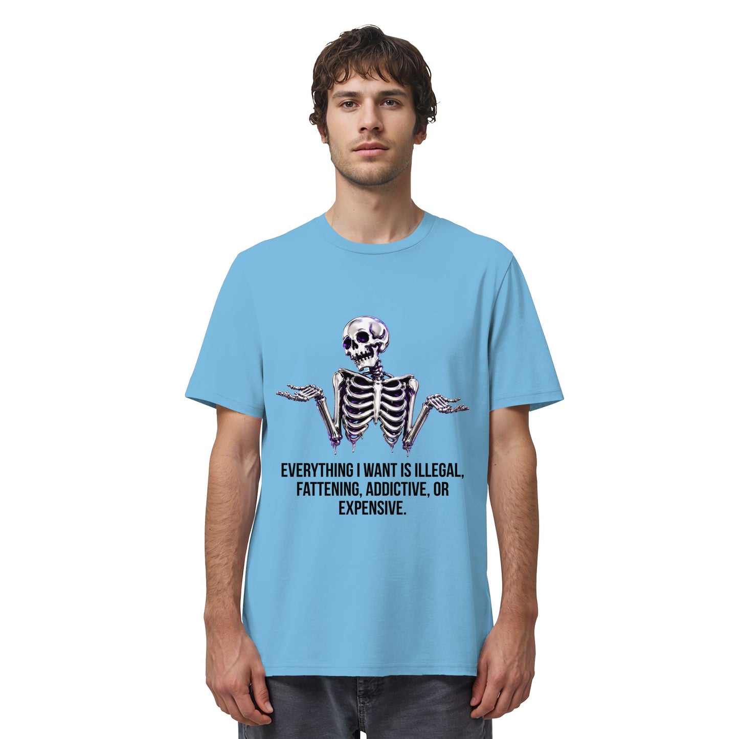Person wearing a light blue t-shirt with a skeleton graphic and text on a white background
