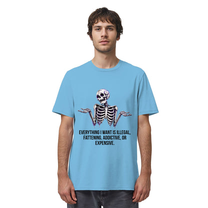 Person wearing a light blue t-shirt with a skeleton graphic and text on a white background