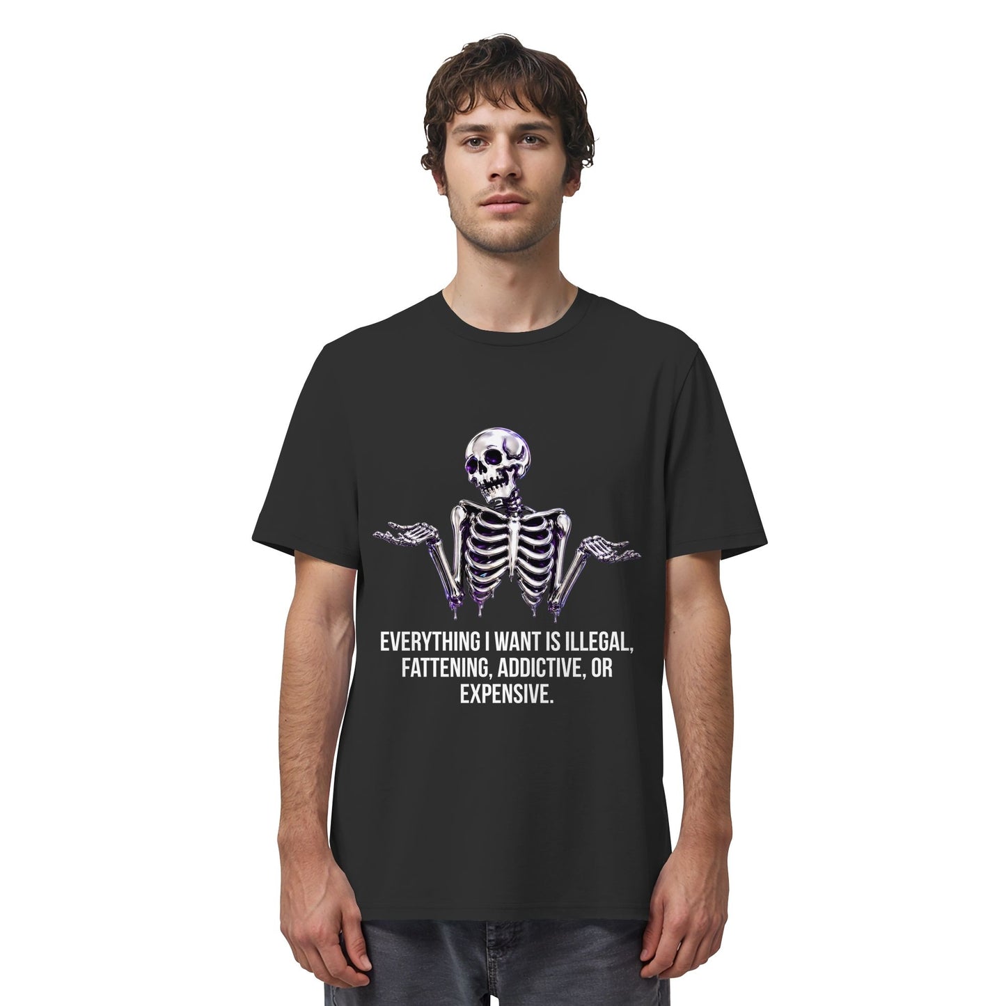 Person wearing a black t-shirt with a skeleton design and text on a white background