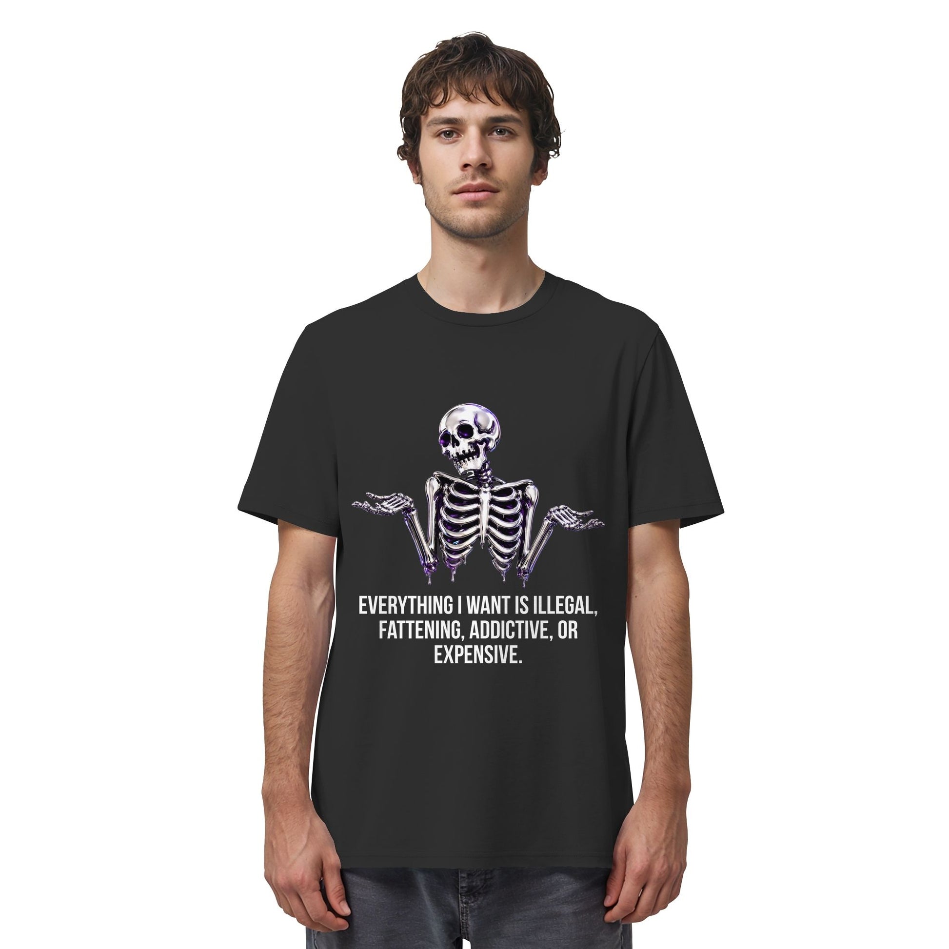 Person wearing a black t-shirt with a skeleton design and text on a white background