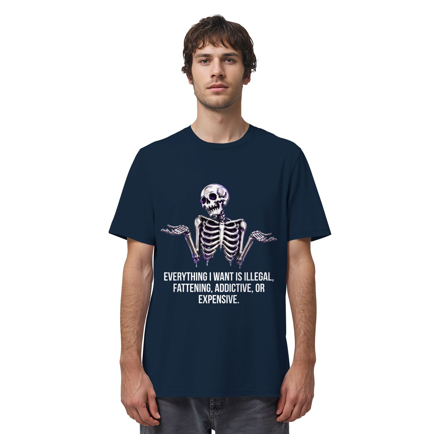 Person wearing a navy blue t-shirt with a skeleton graphic and text on a white background