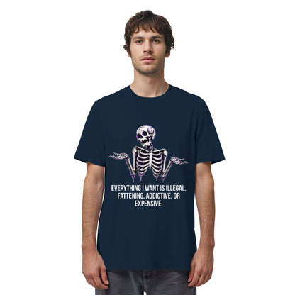 Person wearing a navy blue t-shirt with a skeleton graphic and text on a white background