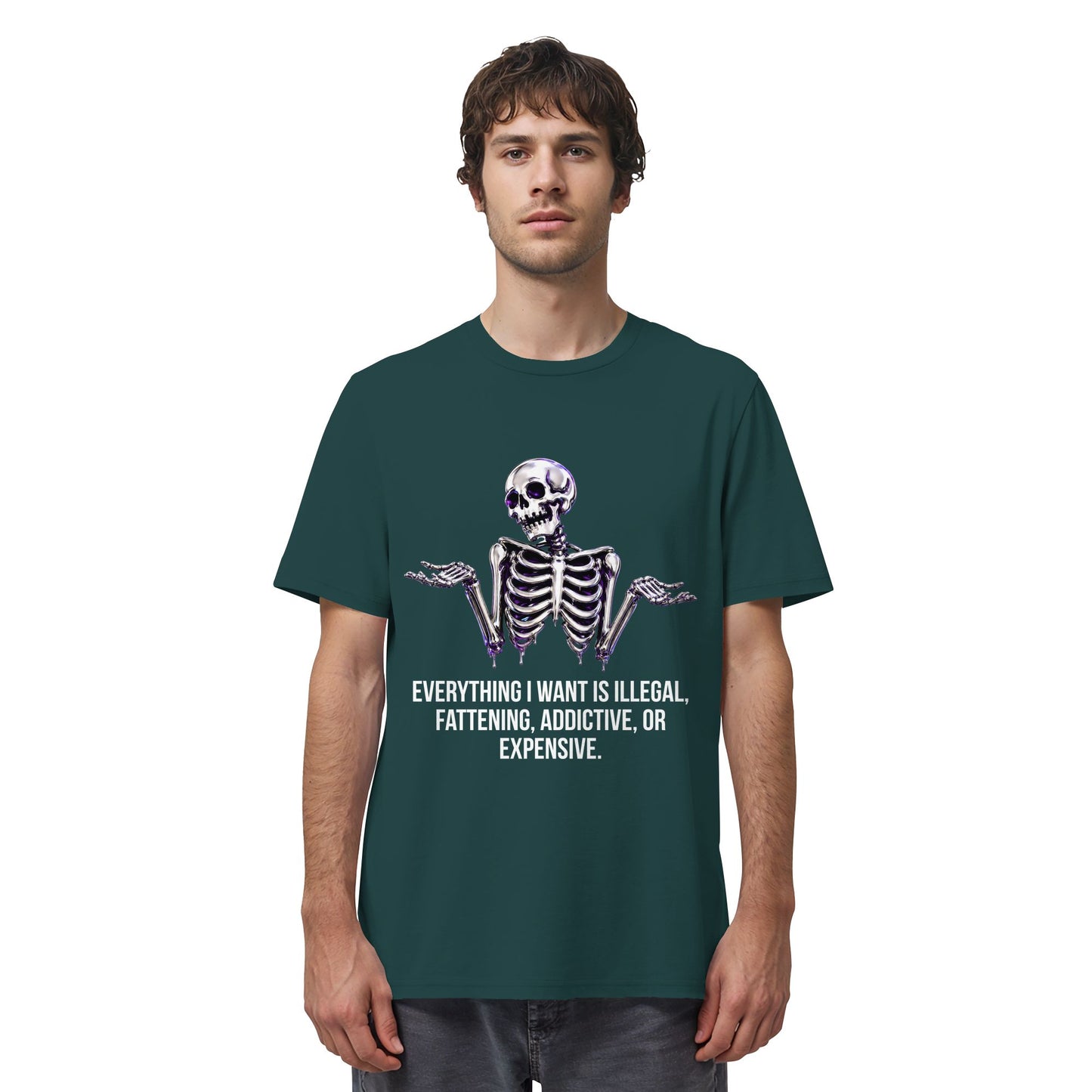 Person wearing a green t-shirt with a skeleton graphic and text on a white background