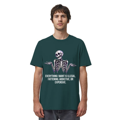 Person wearing a green t-shirt with a skeleton graphic and text on a white background