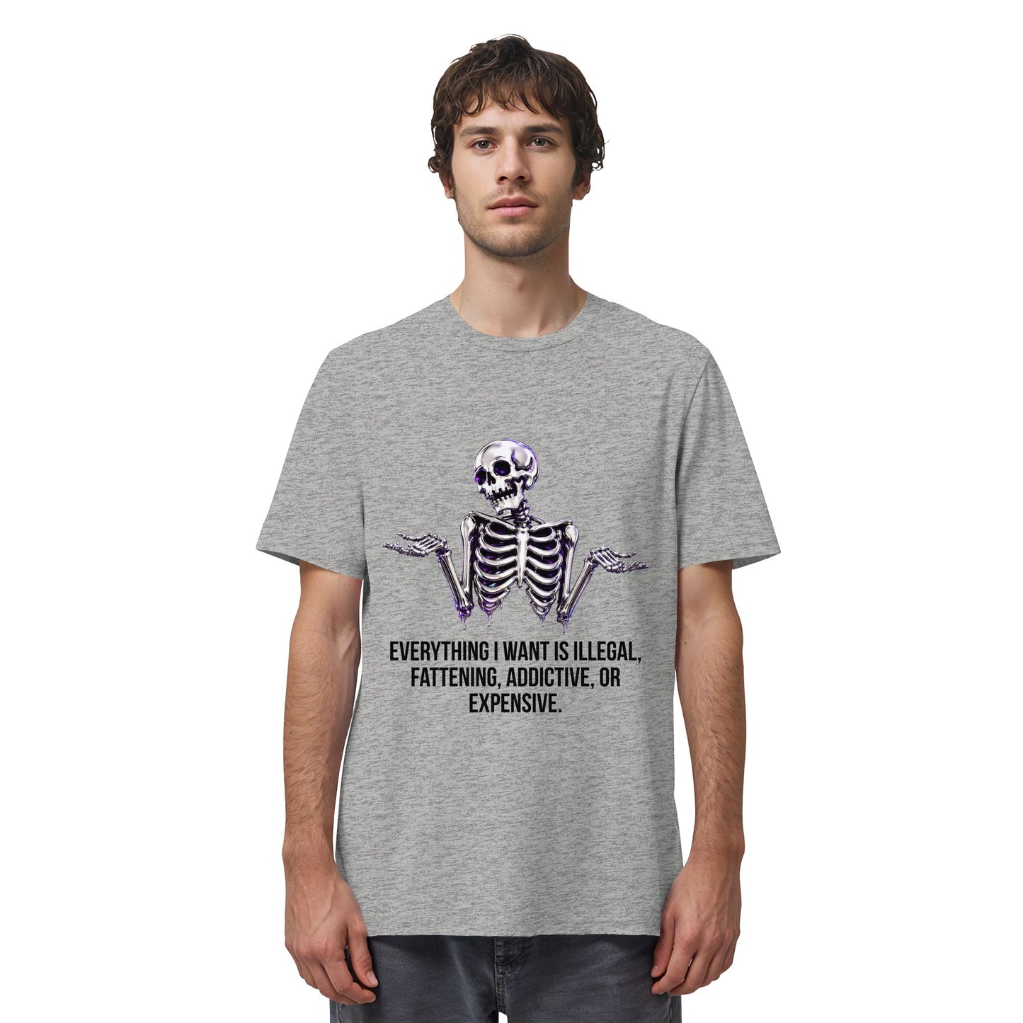 Person wearing a gray t-shirt with a skeleton design and text on a white background