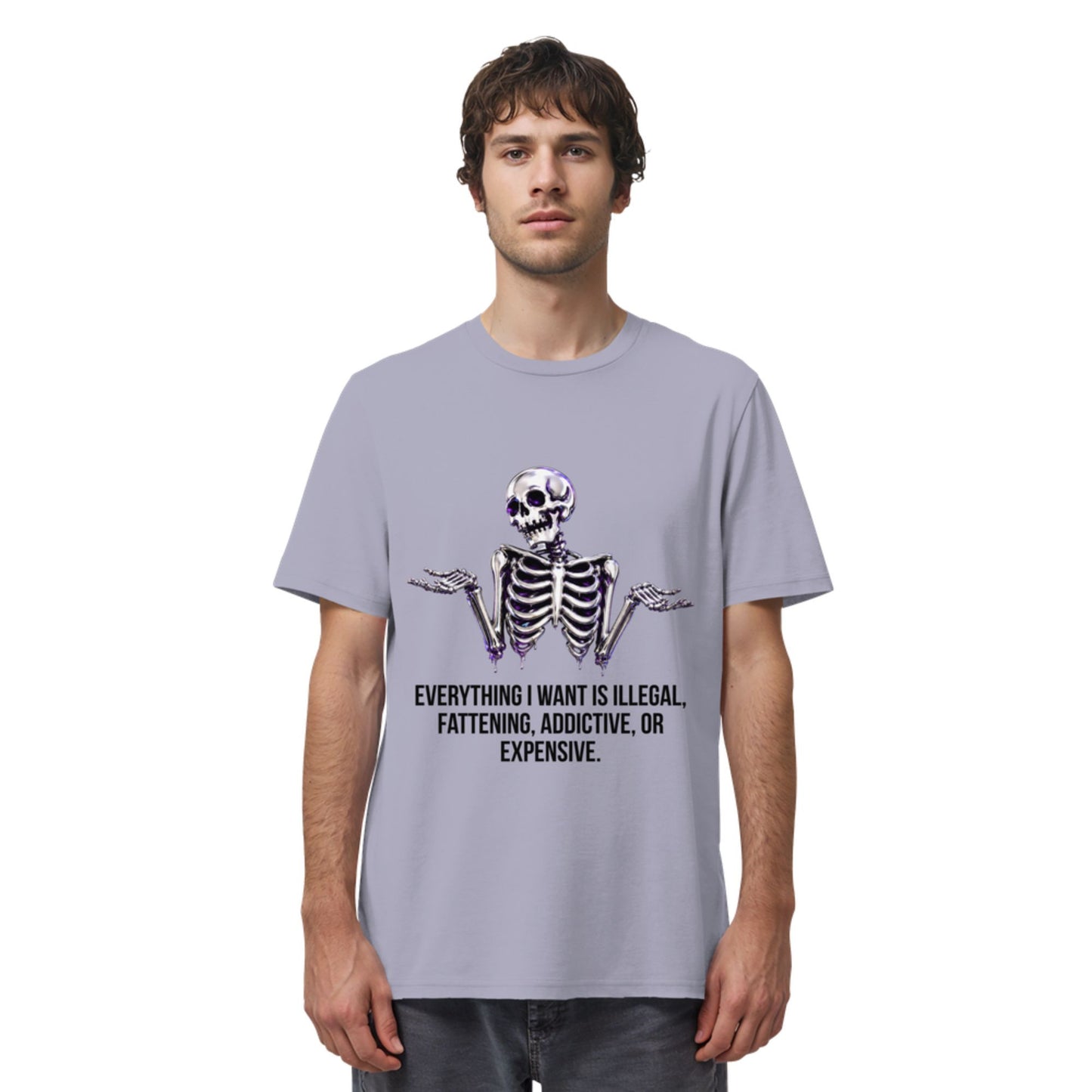 Person wearing a t-shirt with a skeleton graphic and text on a white background