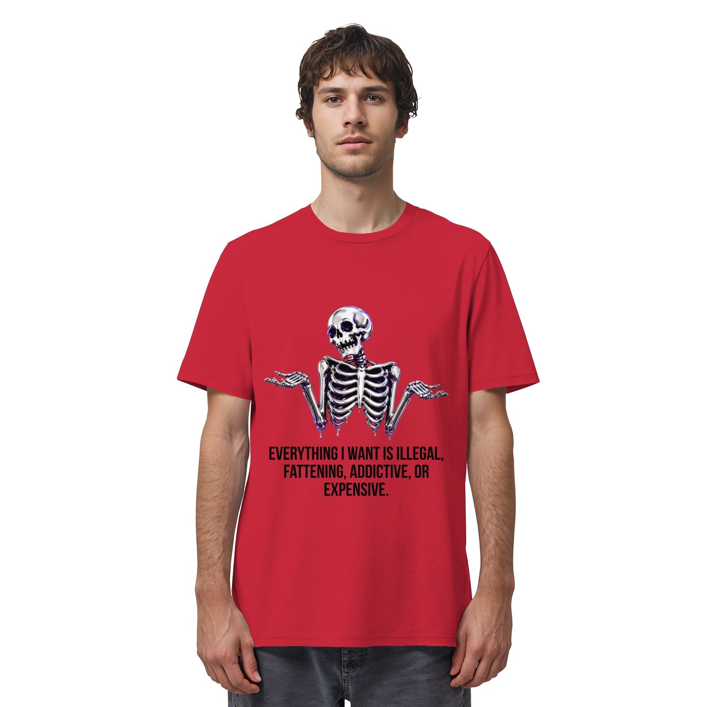 Person wearing a red t-shirt with a skeleton graphic and text on a white background