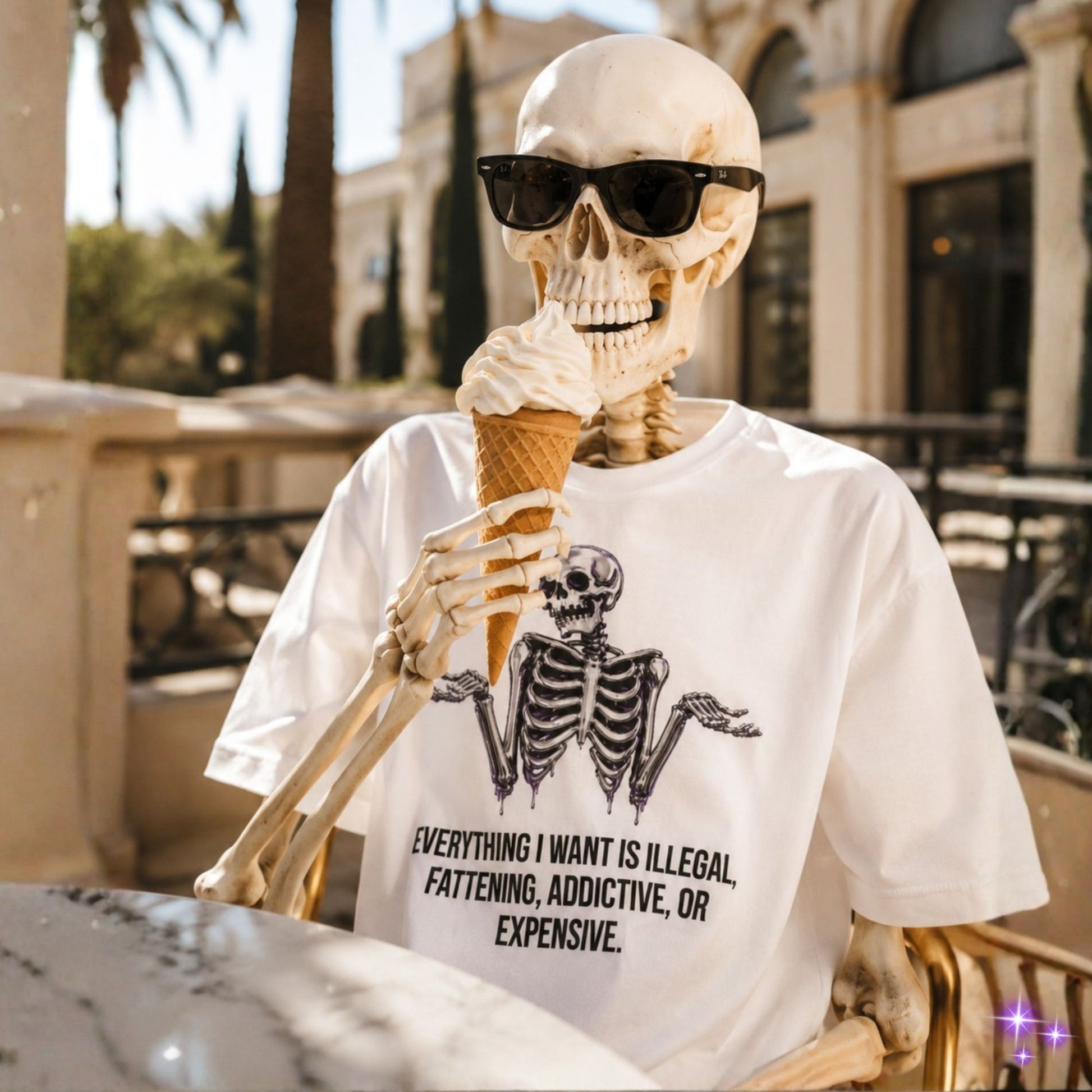 Skeleton wearing sunglasses and a t-shirt with a skeleton graphic, holding an ice cream cone outdoors.