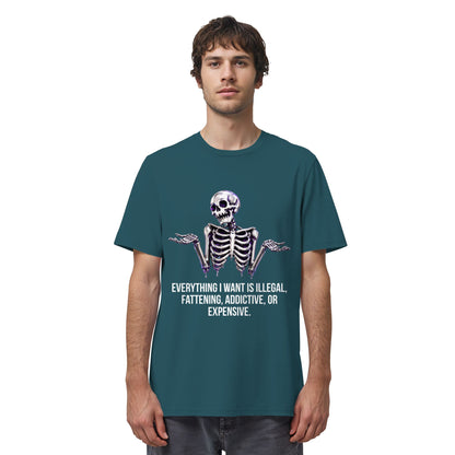 Person wearing a teal t-shirt with a skeleton graphic and text on a white background