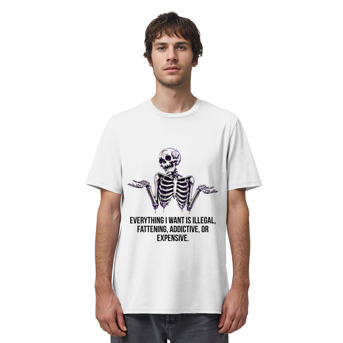 Person wearing a white t-shirt with a skeleton graphic and text on a white background