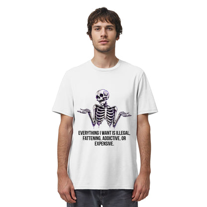 Person wearing a white t-shirt with a skeleton graphic and text on a white background