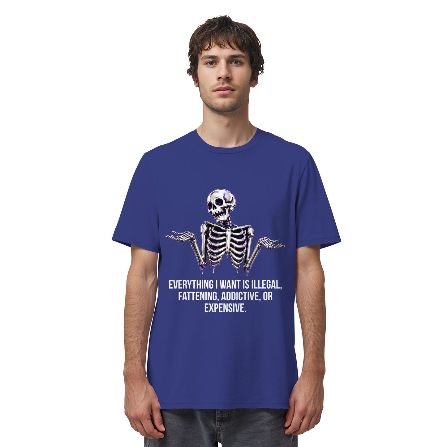 Person wearing a blue t-shirt with a skeleton graphic and text on a white background