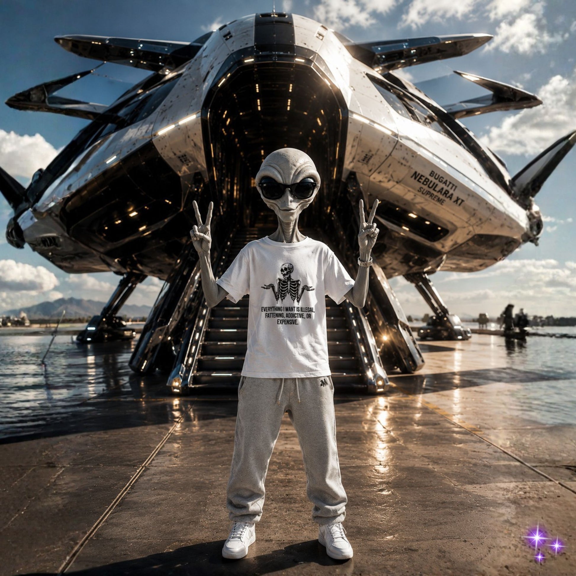 Kael'vorth the alien standing in front of a futuristic spacecraft.