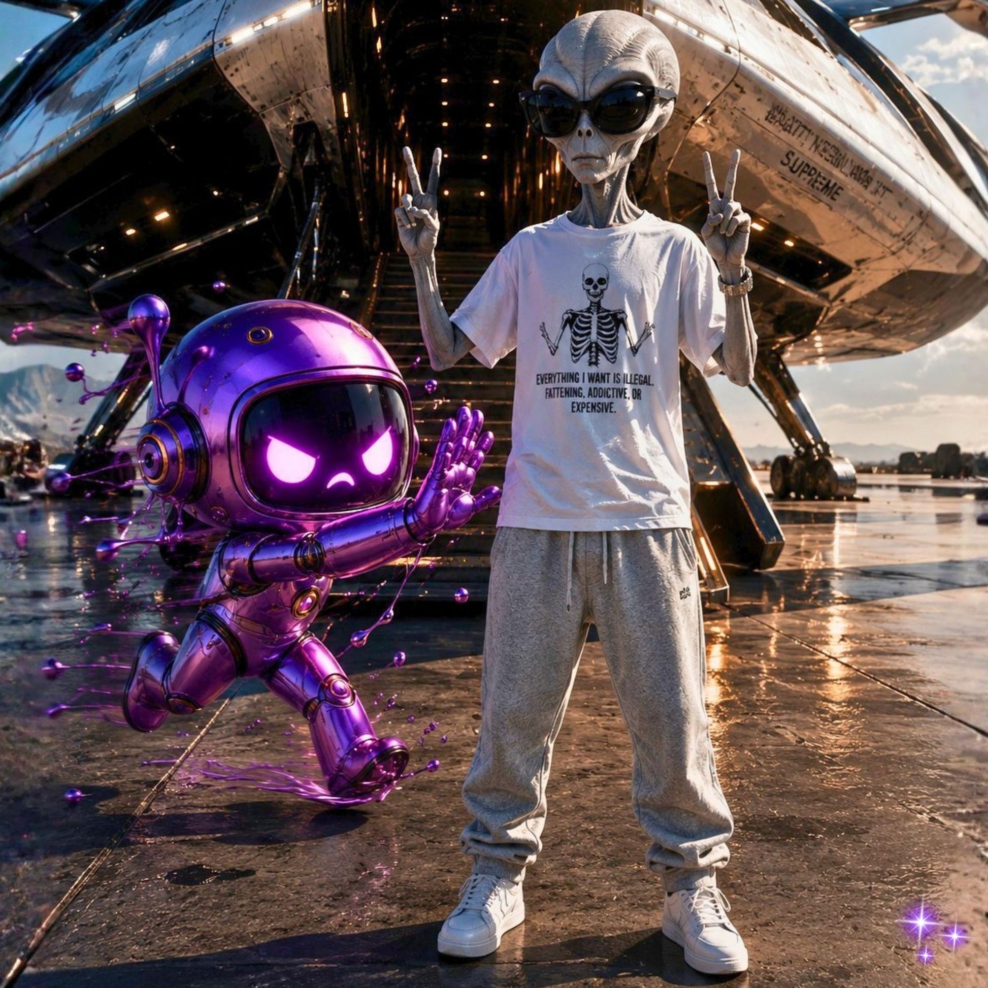 Verve the robot charging at Kael'vorth the alien in front of the spaceship Bugatti Nebulara XT Supreme