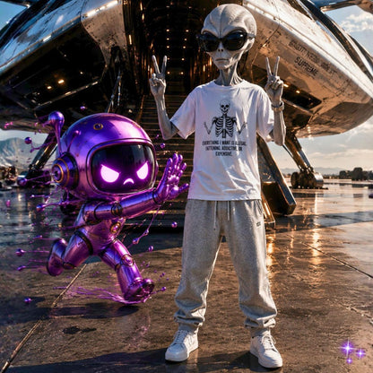 Verve the robot charging at Kael'vorth the alien in front of the spaceship Bugatti Nebulara XT Supreme
