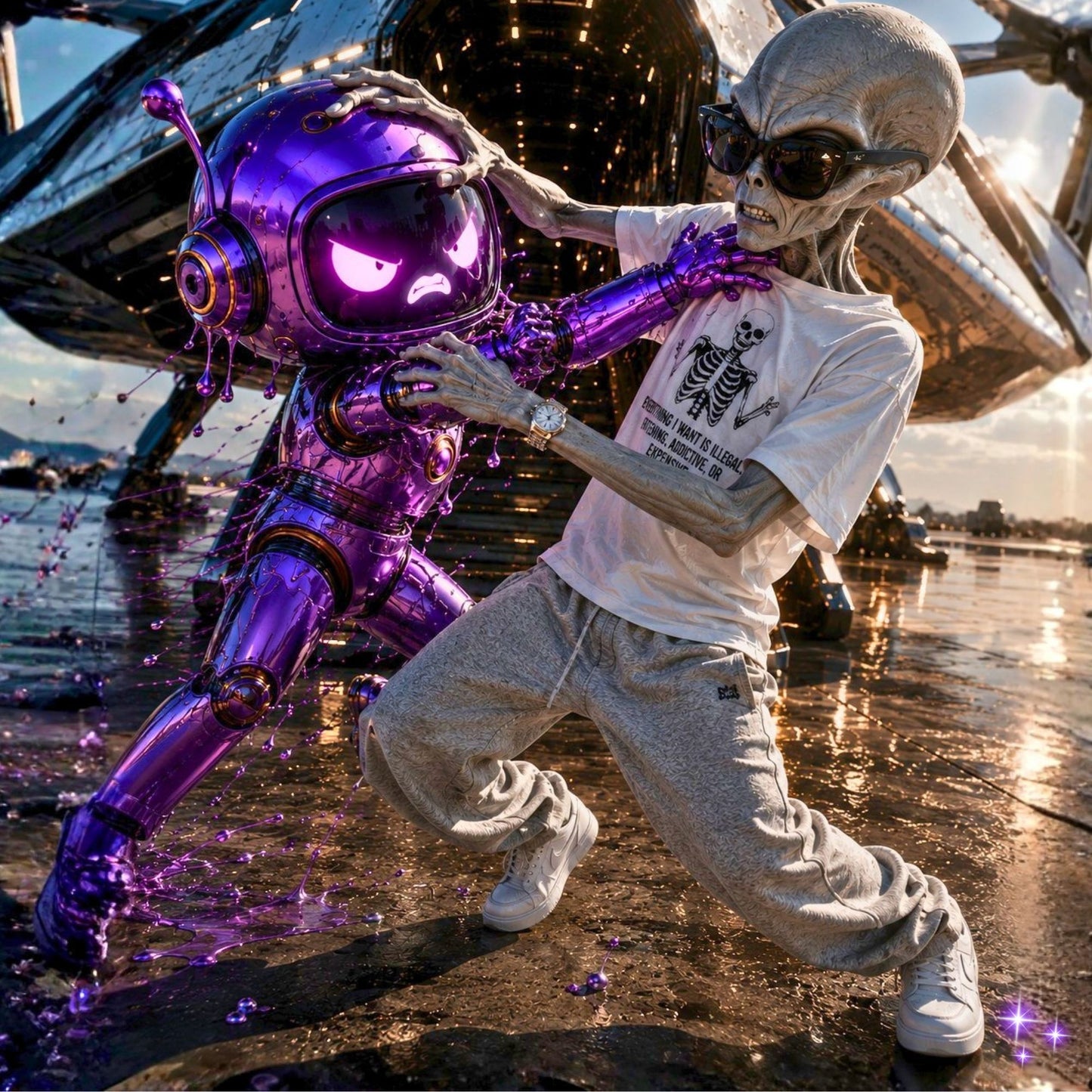 Verve the robot engaging in a catfight with Kael'vorth the alien in front of the spaceship Bugatti Nebulara XT Supreme